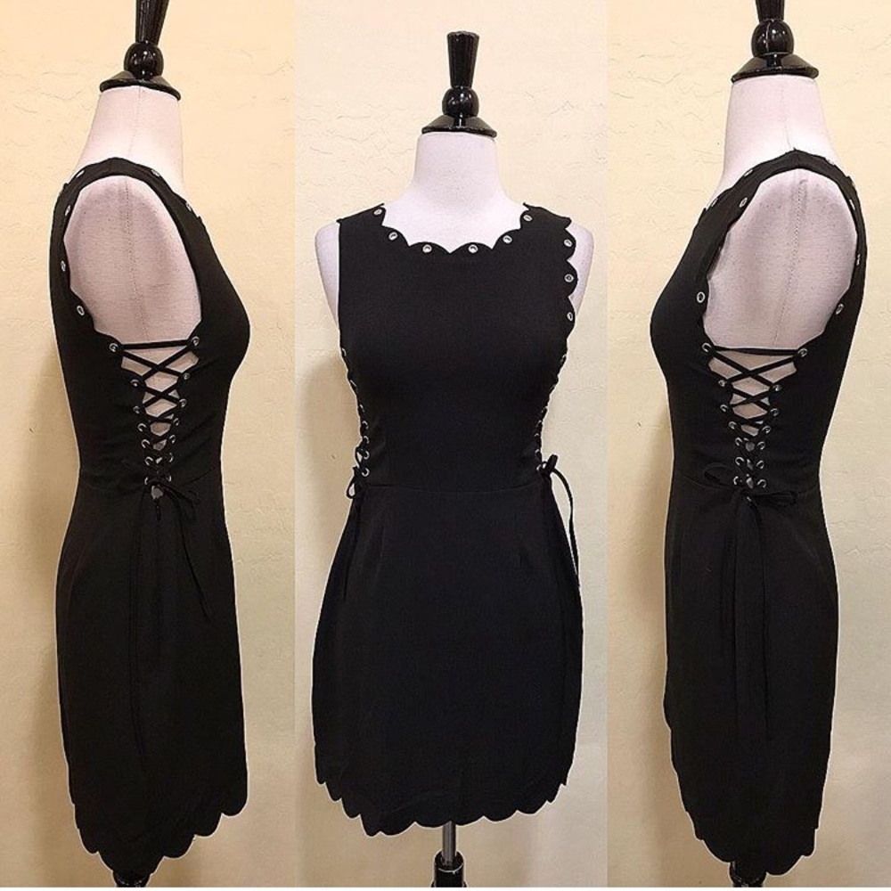 Black scalloped edge lace up dress